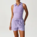 Lavendel ärmelloses sportliches Polo-Oberteil und Kordelzug-Shorts Set für Damen Yoga Fitness. - S / Oberteil und Hose / Lila