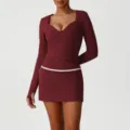 Burgundy long sleeve athletic crop top and sports skirt yoga set for women activewear fitness - S / Top And Bottom / Acetate Purple