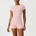 Rosa geripptes Yoga-Set Crop-Top und Shorts Sportbekleidung Fitness Gym Kleidung für Frauen - Rosa (Kurzarm T-Shirt + Shorts)