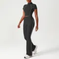 Completo sportivo nero con crop top e pantaloni a zampa yoga fitness set palestra donna - Nero (Giacca + Pantaloni a Zampa)