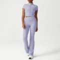 Set crop top sportivo lila e lunghi pantaloni yoga a zampa, tuta fitness a vita alta. - Viola (Giacca + Pantaloni a Zampa)