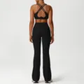 Damen schwarzes Fitness Yoga Set schnelltrocknend Sport BH Schlaghose Sportoutfit chic - Schwarz (BH + Schlaghose)