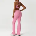 Rosa Damen Sportset mit Kreuzrücken Sport-BH und hochtaillierten Schlag-Yogahosen. - Knallrosa (BH + Schlaghose)