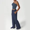 Conjunto de top corto sin tirantes azul y pantalón de chándal ancho, ropa deportiva casual. - L / Parte Superior y Parte Inferior / Azul zafiro