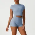 Set abbigliamento fitness crop top maniche corte blu e pantaloncini yoga vita alta - Blu (Maglietta + Pantaloncini)