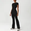 Schwarzes kurzarm enges Oberteil und ausgestellte Yoga-Hosen Sportset Damen Fitness - Schwarz (Kurzarm + Schlaghose)