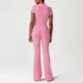 Damen rosa nahtloses Fitness Yoga Set Kurzarm Crop Top und Schlag Sporthose Sportbekleidung - Leuchtendes Rosa (Kurzarm + Schlaghose)