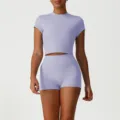 Set sport fitness yoga crop top e pantaloncini a vita alta da donna color lavanda - Viola (Maglietta + Pantaloncini)