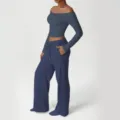 Conjunto de loungewear azul de mujer con top corto manga larga y pantalón ancho. - L / Parte Superior y Parte Inferior / Azul zafiro