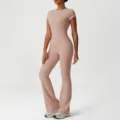 Damen Nude-Gefühl schnelltrocknendes Kurzarm Top und Schlag Yoga Hosen Set in zartem Rosa. - Knallrosa (Kurzarm + Schlaghose)