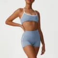 Completo sportivo da yoga fitness da donna con reggiseno sportivo e pantaloncini a vita - Blu (Reggiseno + Pantaloncini)