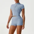 Set yoga fitness sportivo con crop top corto con zip a maniche corte e pantaloncini a vita alta blu. - Blu (Giacca + Pantaloncini)