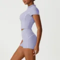 Set sportivo lavanda, top maniche corte e pantaloncini yoga vita alta, variante tuta viola. - Viola (Giacca + Pantaloncini)