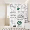 White waterproof shower curtain with cute cartoon bear prints, modern bathroom decor. - [Single Curtain] Width 80x Height 180 + Hooks + Tiebacks / Life Cats 01