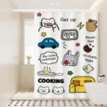 Waterproof fabric shower curtain with cute cartoon doodle patterns for modern bathroom decor - [Single Curtain] Width 80x Height 180 + Hooks + Tiebacks / Life Cats 02