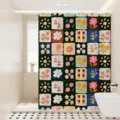 Retro floral grid shower curtain waterproof fabric bathroom partition privacy hanging decor - [Single Curtain] Width 80x Height 180 + Hooks + Tiebacks / Cartoon Garden 01