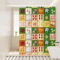 Retro floral shower curtain waterproof bathroom curtain colourful grid style fabric decor. - [Single Curtain] Width 80x Height 180 + Hooks + Tiebacks / Cartoon Garden 02