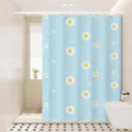 Blue shower curtain with daisy pattern, waterproof bathroom partition detail view. - Single Curtain (80x180cm) with Rings & Tieback / Smiling Flower 02