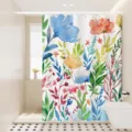 Detalle de cortina de ducha floral acuarela, tejido impermeable, decoracion de baño. - Cortina Sola An80xAl180cm Ganchos Sujetadores / Floral Colorido 01