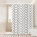 Detailed view of a modern black and white geometric pattern shower curtain in a clean bathroom. - Single Curtain (80x180cm) with Rings & Tieback / Smiling Flower 04
