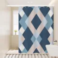 Detail view of waterproof geometric pattern shower curtain in modern bathroom setting. - Blue Dream 06