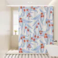 Close-up of Nordic botanical shower curtain with blue leaves and red fruit pattern in bathroom. - Colorful Floral 17