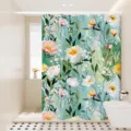 Detailed view of watercolor floral shower curtain in modern bathroom setting, waterproof fabric detail. - Colorful Floral 18