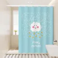 Waterproof fabric shower curtain detail showing cute cloud pattern and fresh blue bathroom background. - Cat Style 10