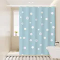 Blue waterproof shower curtain detail, modern polka dot fabric hanging in bathroom scene - Cat Style 09