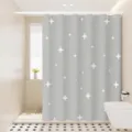 Grey shower curtain with white star pattern waterproof fabric bathroom decor detail view. - Cat Style 08