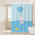 Cute cartoon cat shower curtain detail view, waterproof fabric with stars balloon design. - [Single Curtain] Width 80x Height 180 + Hooks + Tiebacks / White Cat Line Art 01