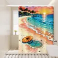 Anime beach landscape shower curtain, waterproof fabric, vibrant sunset art print for bathroom. - Single Curtain (80x180cm) with Rings & Tieback / Summer Scenery 2