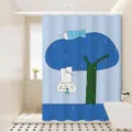 Cute cartoon cat shower curtain detail view, waterproof fabric design for modern bathroom decor styles. - [Single Curtain] Width 80x Height 180 + Hooks + Tiebacks / White Cat Line Art 04