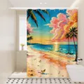 Tropical beach sunset shower curtain, vibrant landscape bathroom decor fabric waterproof. - Single Curtain (80x180cm) with Rings & Tieback / Summer Scenery 3