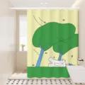 Bathroom scene detail showing cute cartoon cat shower curtain hanging in modern shower space. - White Cat Line Art 06