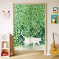 Japanse stoffen deurkorgordijn met frisse groene blad- en witte kattenpatroon voor decor - Breedte 65cm Hoogte 70cm Enkel Paneel met Stang / Japans Frisse Stijl 4