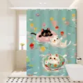 Cortina de ducha impermeable gatos lindos fresca baño cortina de separación con ganchos - [Cortina Única] Ancho 80x Alto 180 + Ganchos + Corbatas / Espalda de Gato 04