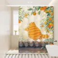 Rideau de douche en tissu imperméable avec illustration de chat mignon et d'agrumes. - Dos de Chat 05