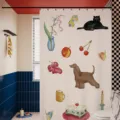 Vintage retro style shower curtain detail, aesthetic home decor for modern bathroom partition. - Single Curtain (80x180cm) with Rings & Tieback / Matisse Style 03
