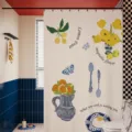 Vintage retro style bathroom shower curtain with artistic botanical and botanical illustration prints. - Single Curtain (80x180cm) with Rings & Tieback / Matisse Style 01