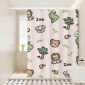 Cute cartoon waterproof shower curtain with hand-drawn animal patterns for modern bathroom. - [Single Curtain] Width 80x Height 180 + Hooks + Tiebacks / Cartoon Lion Crocodile 12