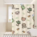 Detailed view of the cute cartoon zoo pattern waterproof shower curtain hanging in bathroom. - Hand-drawn Cartoon Animal Style (06) / [Single Curtain] 80x180cm + Hooks + Tiebacks / Beige