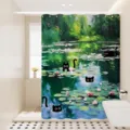 Vue detaillee rideau de douche chat noir nenuphar, tissu impermeable salle de bain. - Dos de Chat 12