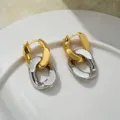 Chic two-tone metallic chain hoop earrings with a trendy geometric interlocking design for women. - 87# Huggie Earrings - Gold & Silver Tone