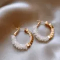 Detailed shot of half crystal half gold hoop earrings, chic and trendy fashion jewelry. - 60# Gold Half Round Patchwork White Style