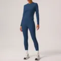 Mujer azul manga larga fitness yoga conjunto cintura alta leggings deportivos entrenamiento - S / Parte Superior e Inferior / Azul Insignia