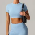 Damen Kurzarm Crop Top und Leggings Set sportliche Yoga Wear hellblaue Fitnesskleidung - S / Nebelblau