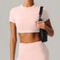 Rosa Kurzarm Crop Top und passende Yogahose für Damen Fitness Workout Sportkleidung. - S / Kirschblütenrosa