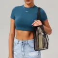 Damen teal kurzarm bauchfrei eng schnelltrocknend sport fitness yoga t-shirt oberteil - S / Emblem-Blau