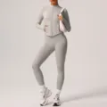 Women Sports Yoga Set Long Sleeve Zip Jacket High Waist Leggings Fitness Workout Outfit - XL / Top And Bottom / Frost Grey